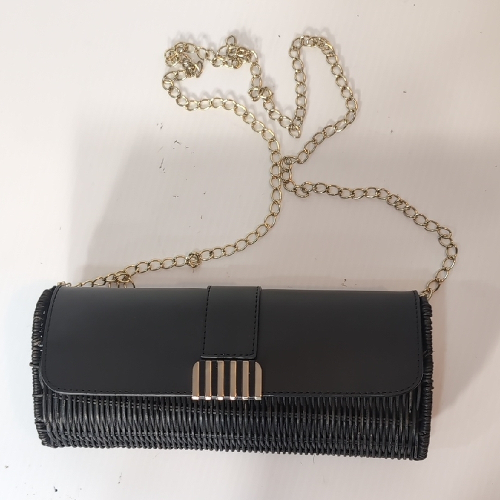 Elegant Black Wicker Clutch With Gold Accents Crossbody